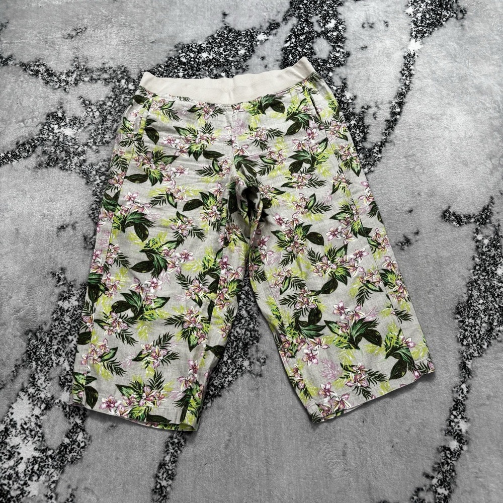 J.Jill Love Linen Pants Womens Size Medium Petite Floral Cropped Pull On